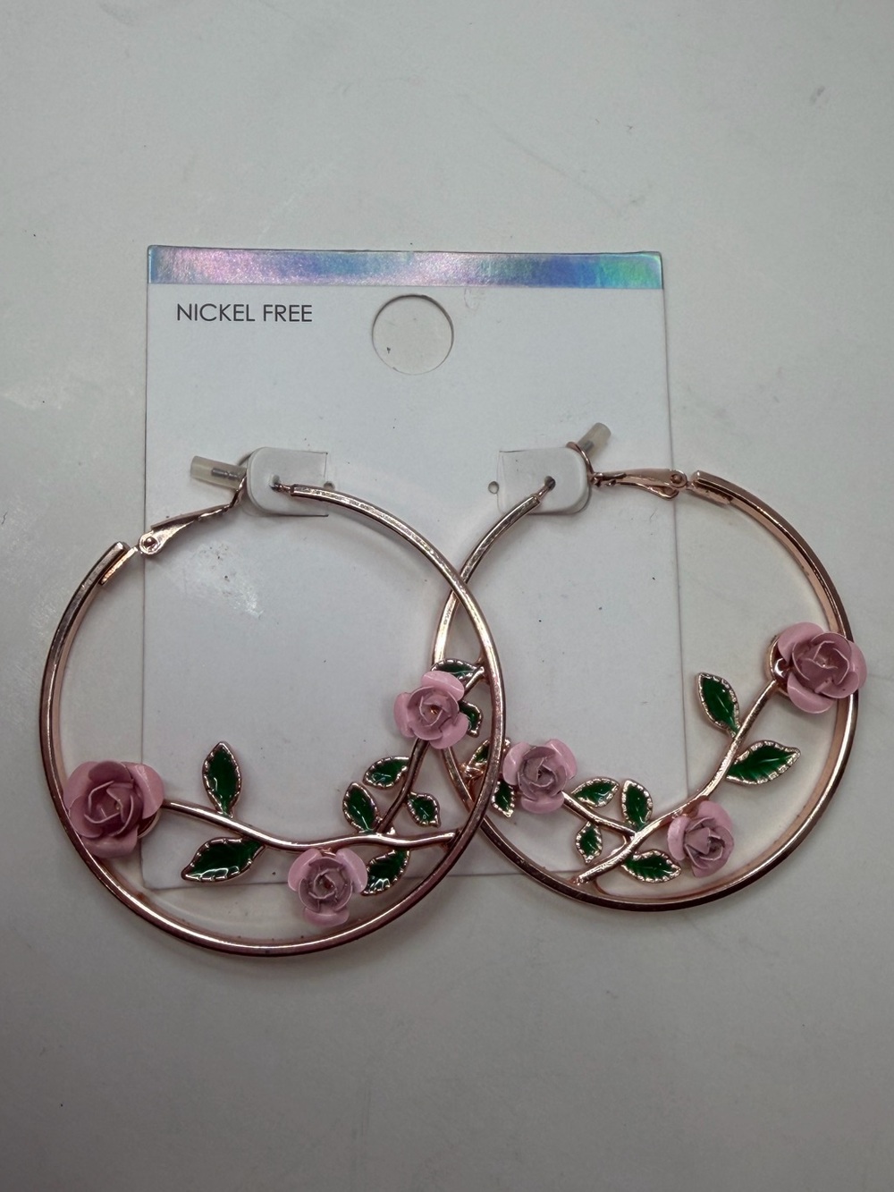 Rose Gold Hoop Earrings with Pink Floral Accent